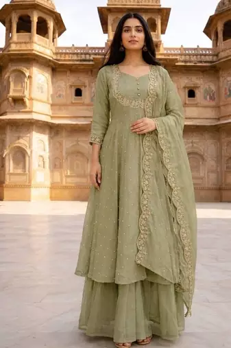 Olive green embroidered vichitra silk fully stitched lehenga set with dupatta