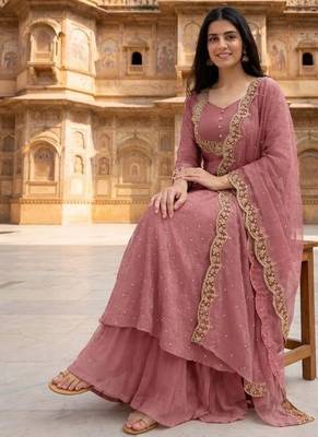 Pink embroidered vichitra silk fully stitched lehenga set with dupatta 3