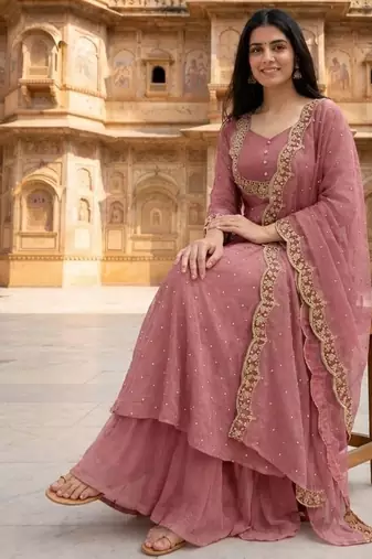Pink embroidered vichitra silk fully stitched lehenga set with dupatta