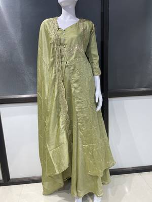 Olive green embroidered vichitra silk fully stitched lehenga set with dupatta 4