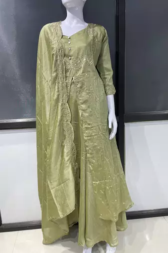 Olive green embroidered vichitra silk fully stitched lehenga set with dupatta