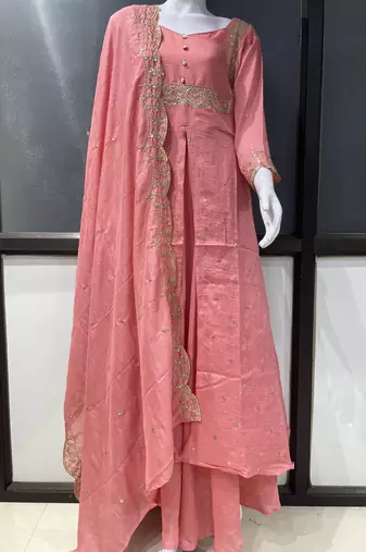 Pink embroidered vichitra silk fully stitched lehenga set with dupatta
