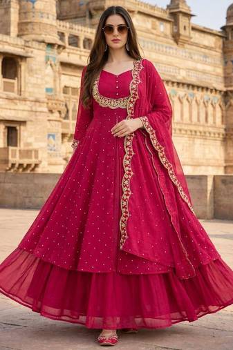 Red embroidered vichitra silk fully stitched lehenga set with dupatta