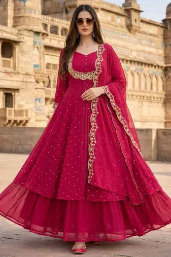 Red embroidered vichitra silk fully stitched lehenga set with dupatta