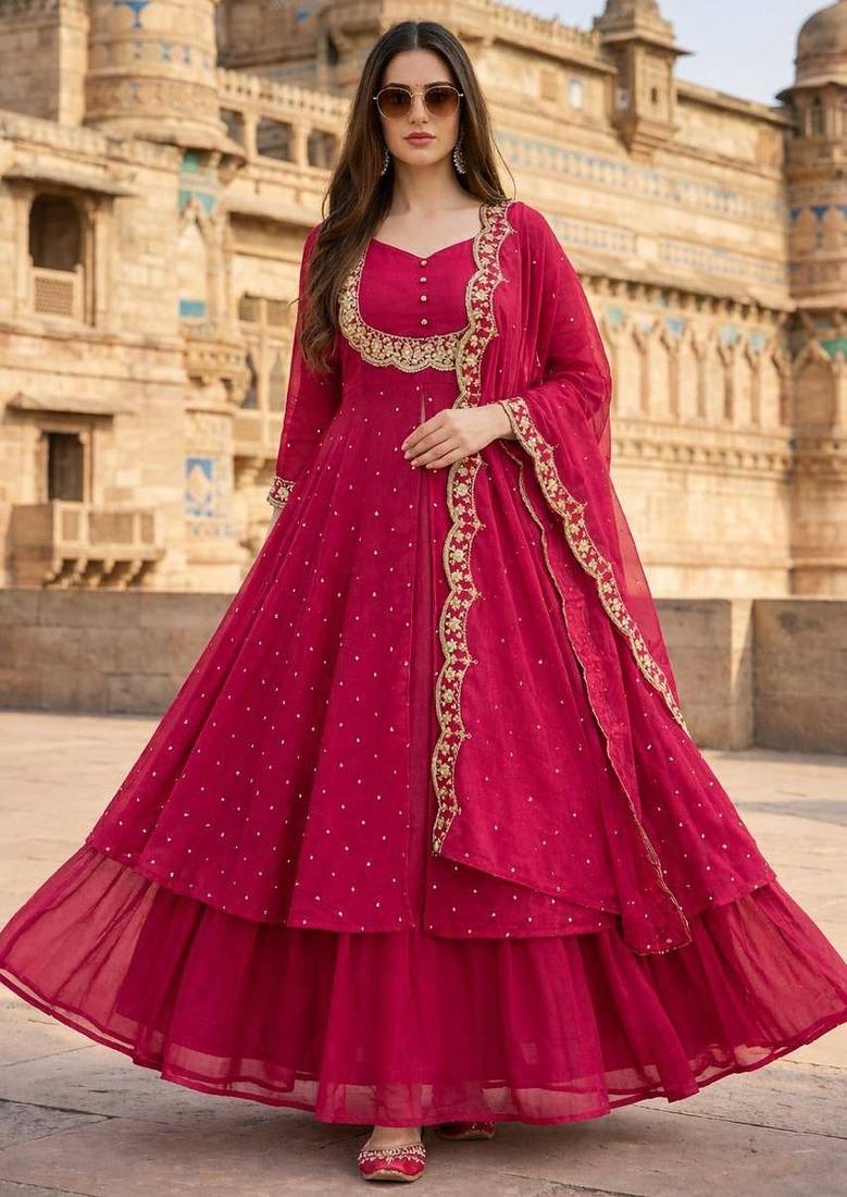 Red embroidered vichitra silk fully stitched lehenga set with dupatta
