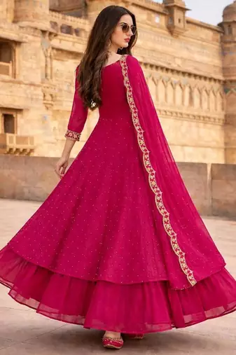 Red embroidered vichitra silk fully stitched lehenga set with dupatta