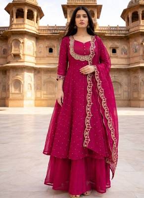 Red embroidered vichitra silk fully stitched lehenga set with dupatta 3