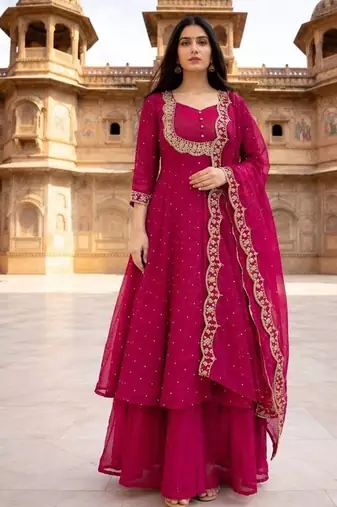 Red embroidered vichitra silk fully stitched lehenga set with dupatta