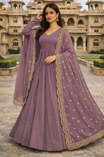 Lavender georgette stitched anarkali gown with zari embroidered dupatta ethnic wear