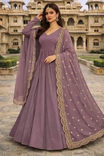 Lavender georgette stitched anarkali gown with zari embroidered dupatta ethnic wear