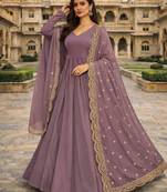 Lavender georgette stitched anarkali gown with zari embroidered dupatta ethnic wear