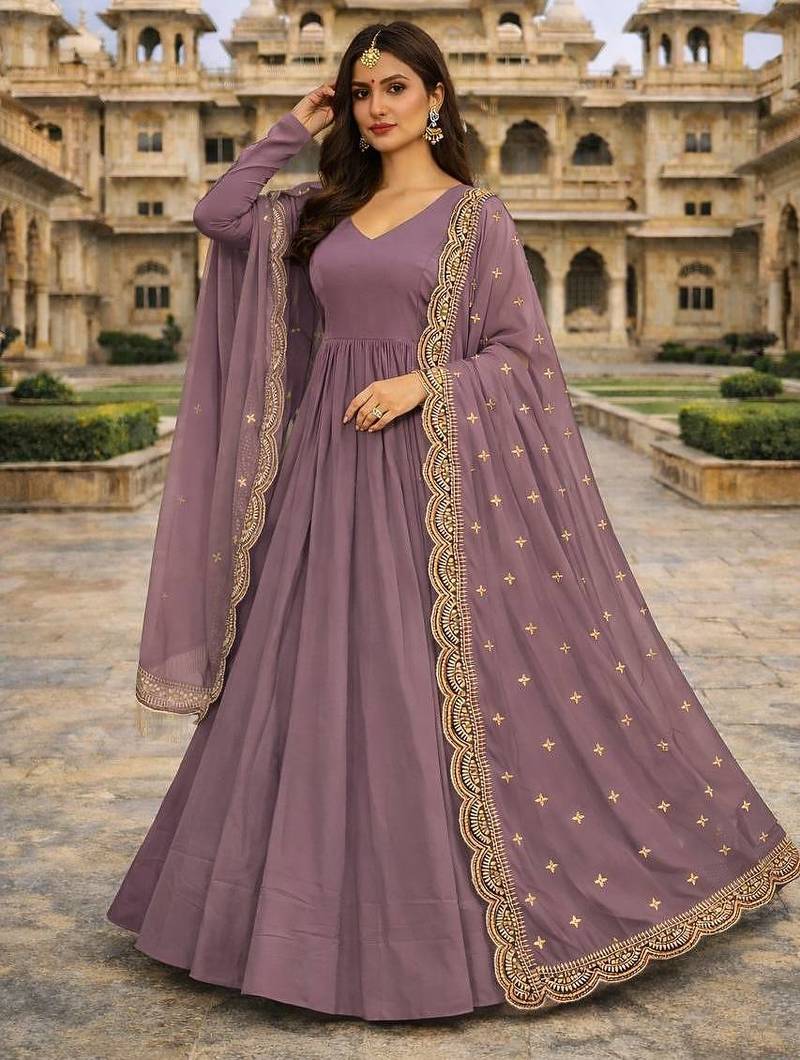 Lavender georgette stitched anarkali gown with zari embroidered dupatta ethnic wear