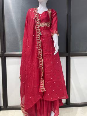 Red embroidered vichitra silk fully stitched lehenga set with dupatta 4
