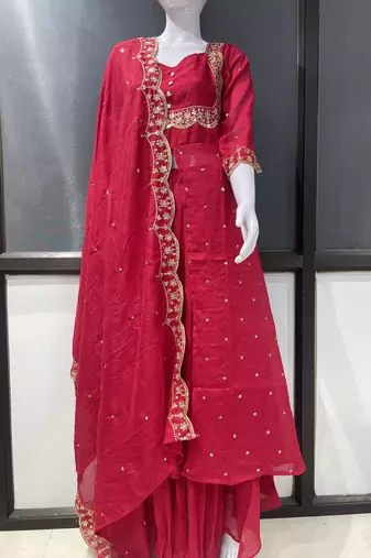 Red embroidered vichitra silk fully stitched lehenga set with dupatta