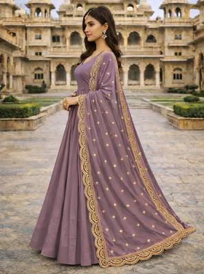 Lavender georgette stitched anarkali gown with zari embroidered dupatta ethnic wear 2