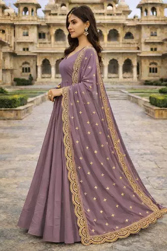 Lavender georgette stitched anarkali gown with zari embroidered dupatta ethnic wear