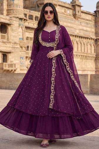Wine embroidered vichitra silk fully stitched lehenga set with dupatta