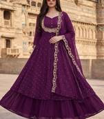Wine embroidered vichitra silk fully stitched lehenga set with dupatta