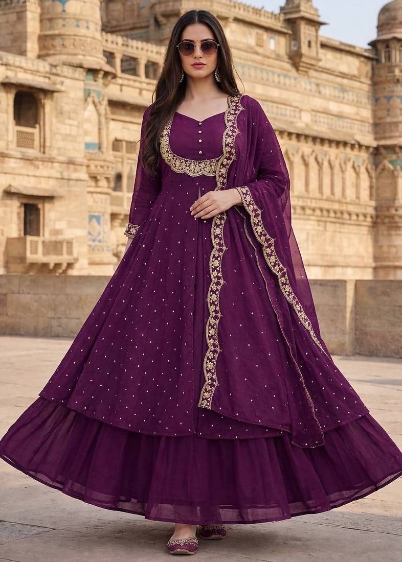 Wine embroidered vichitra silk fully stitched lehenga set with dupatta