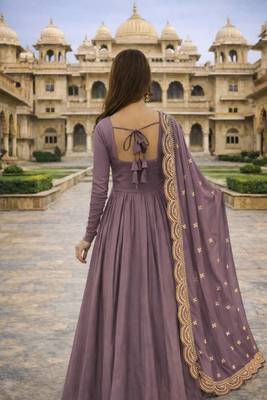 Lavender georgette stitched anarkali gown with zari embroidered dupatta ethnic wear 3