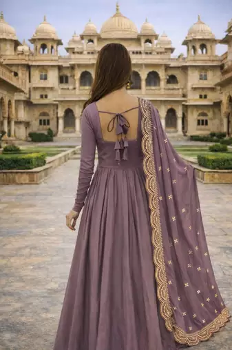 Lavender georgette stitched anarkali gown with zari embroidered dupatta ethnic wear