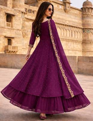 Wine embroidered vichitra silk fully stitched lehenga set with dupatta 2