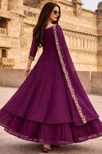 Wine embroidered vichitra silk fully stitched lehenga set with dupatta