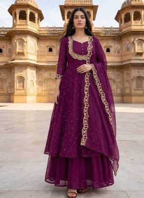 Wine embroidered vichitra silk fully stitched lehenga set with dupatta 3