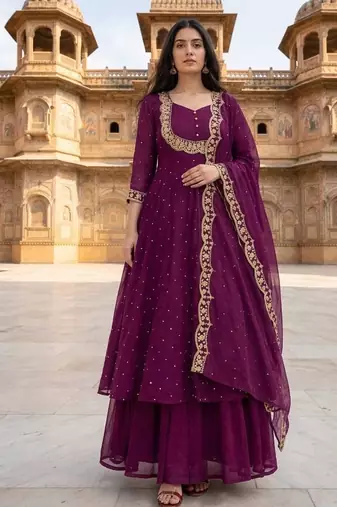 Wine embroidered vichitra silk fully stitched lehenga set with dupatta