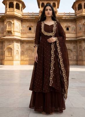 Brown embroidered vichitra silk fully stitched lehenga set with dupatta 1