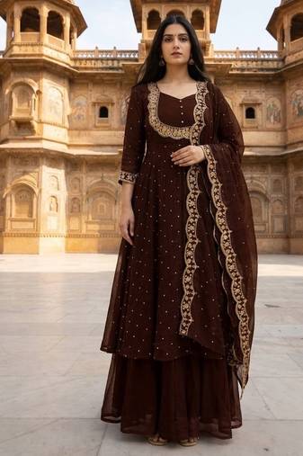 Brown embroidered vichitra silk fully stitched lehenga set with dupatta