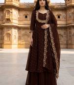 Brown embroidered vichitra silk fully stitched lehenga set with dupatta