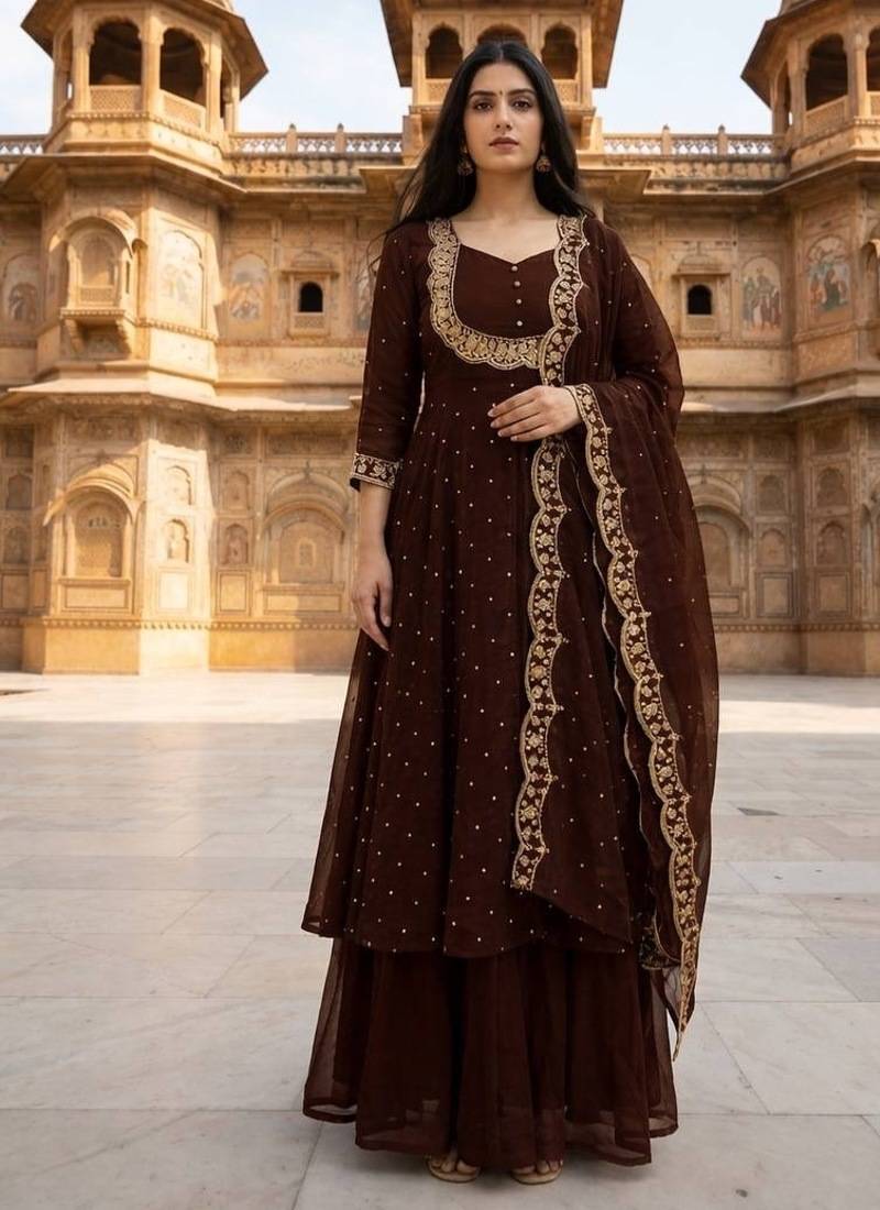 Brown embroidered vichitra silk fully stitched lehenga set with dupatta