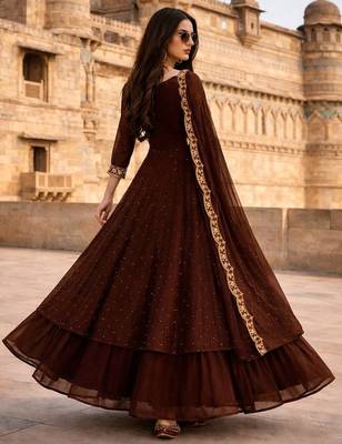 Brown embroidered vichitra silk fully stitched lehenga set with dupatta 2