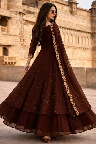 Brown embroidered vichitra silk fully stitched lehenga set with dupatta