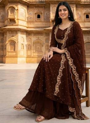 Brown embroidered vichitra silk fully stitched lehenga set with dupatta 3