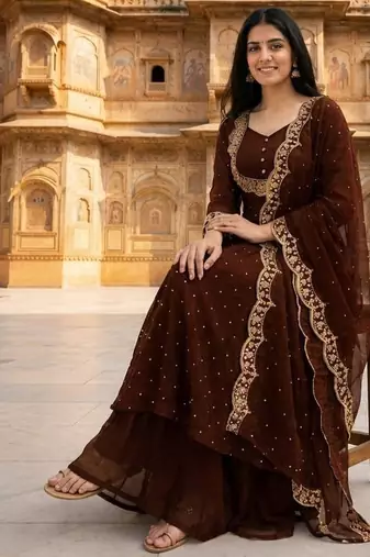 Brown embroidered vichitra silk fully stitched lehenga set with dupatta