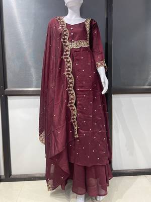 Brown embroidered vichitra silk fully stitched lehenga set with dupatta 4