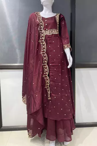 Brown embroidered vichitra silk fully stitched lehenga set with dupatta