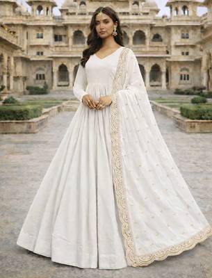 White georgette stitched anarkali gown with zari embroidered dupatta ethnic wear 1