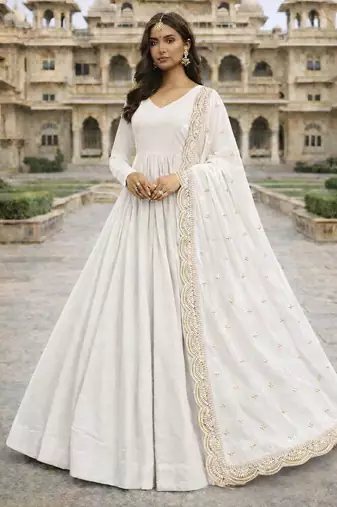 White georgette stitched anarkali gown with zari embroidered dupatta ethnic wear