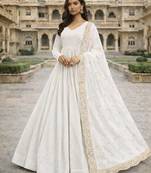 White georgette stitched anarkali gown with zari embroidered dupatta ethnic wear
