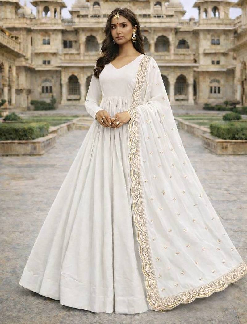 White georgette stitched anarkali gown with zari embroidered dupatta ethnic wear
