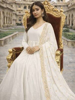 White georgette stitched anarkali gown with zari embroidered dupatta ethnic wear 2