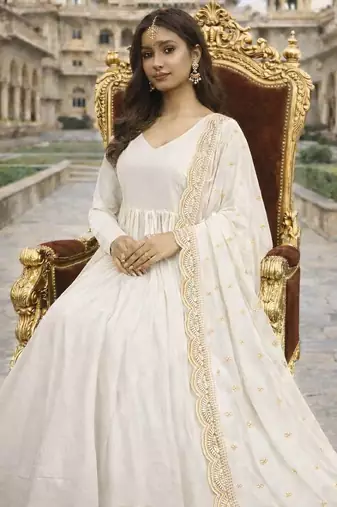 White georgette stitched anarkali gown with zari embroidered dupatta ethnic wear