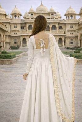 White georgette stitched anarkali gown with zari embroidered dupatta ethnic wear 3