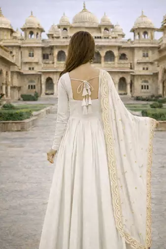 White georgette stitched anarkali gown with zari embroidered dupatta ethnic wear