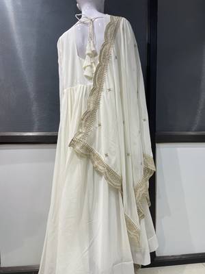 White georgette stitched anarkali gown with zari embroidered dupatta ethnic wear 4