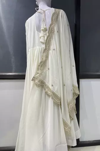 White georgette stitched anarkali gown with zari embroidered dupatta ethnic wear