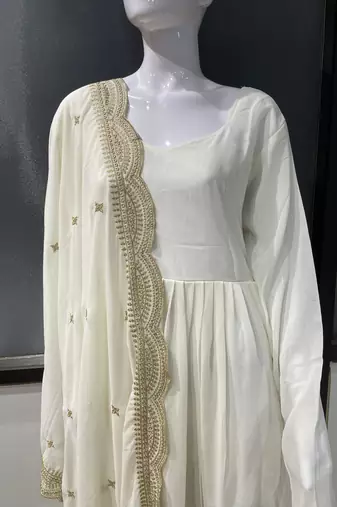 White georgette stitched anarkali gown with zari embroidered dupatta ethnic wear